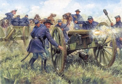 アメリカ南北戦争：戦闘中に銃を使う北軍兵士 - ジュゼッペ・ラヴァによるイラスト 作： Giuseppe Rava