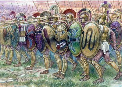 古代ギリシャ：ホプライトの突撃、重装備の歩兵たち - イラスト：Giuseppe Rava 作： Giuseppe Rava