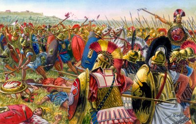 古代ローマ紀元前507年、ローマ城門に立つエトルリア軍ラルス・ポルセナ（ポルセナ） - ローマ市との戦いの最中のエトルリア王ラルス・ポルセナ（ポルセナ） - イラスト：ジュゼッペ・ラーヴァ 作： Giuseppe Rava
