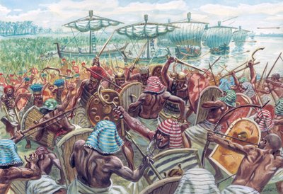 紀元前1175年頃、エジプトのファラオ、ラメセス3世が大規模な海上侵攻を撃退した。 作： Giuseppe Rava