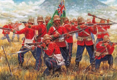 アングロ・ズールー戦争：1879年1月22日、南アフリカのイサンドルワナの戦いにおける大英帝国の兵士たち - アングロ・ズールー戦争：1879年1月22日、イサンドルワナの戦いにおける大英帝国の兵士たち - イラスト：ジュゼッペ・ラヴァ 作： Giuseppe Rava