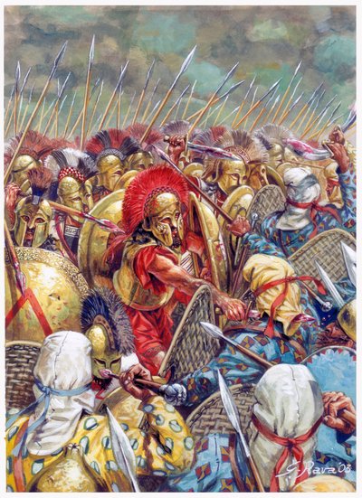 テルモピュライの戦い紀元前480年、レオニダス1世率いるスパルタ軍がギリシャ軍とともにペルシア軍と戦う（ペルシア戦争/テルモピュライの戦い 紀元前480年 - （戦いで倒れるスパルタ王レオニダスとその部下たち） - イラスト：Giusep 作： Giuseppe Rava