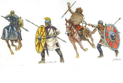 斬新な軍団兵と戦うカタフラクトと、フン族の戦士と戦う斬新な軍団兵 作： Giuseppe Rava