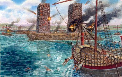 紀元前332年、アレクサンダー大王（紀元前356年～323年）によるペルシャ帝国との戦い - 紀元前332年、アレクサンダー大王によるペルシャとの戦いの最中のタイヤ包囲戦 - イラスト：ジュゼッペ・ラヴァ 作： Giuseppe Rava