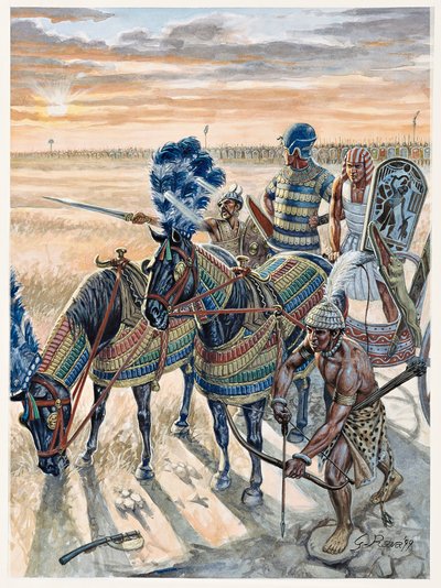 エジプト古代美術：ファラオ・ラムセス2世（紀元前1304年～1213年）と彼の軍隊の表現 - 古代エジプトのファラオ・ラムセス2世（紀元前1303年～1213年）と彼の軍隊 - Illustration by Giuseppe Rava 作： Giuseppe Rava