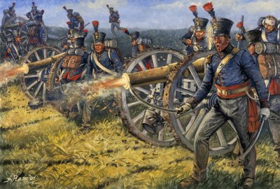 第一帝政：1815年6月18日、ワーテルローの戦いで大砲を撃つオランダ・ベルギー砲兵の兵士たち - First empire: 1815年6月18日、ワーテルローの戦いで大砲を撃つベルギー・オランダ砲兵の兵士たち - Illustration by Giuseppe R 作： Giuseppe Rava