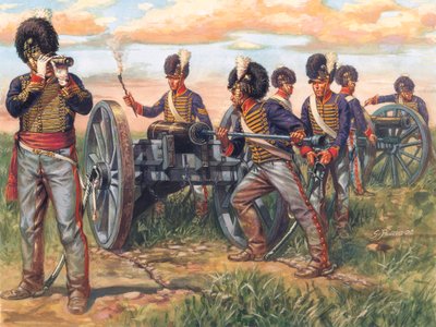 最初の帝国1815年、ワーテルローの戦いで大砲に装填するイギリス軍の大砲兵 - First empire: Soldiers from british army loading a cannon during battle of waterloo in 1815 - Illustration by Giuseppe Rava. 作： Giuseppe Rava