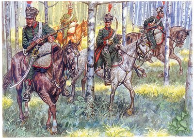 ファースト・エンパイア：ナポレオン1世パトロール大軍の騎馬猟師たち - ジュゼッペ・ラヴァによるイラストレーション 作： Giuseppe Rava