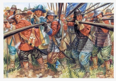 第一次イギリス革命（1641年～1649年）：オリヴァー・クロムウェルの新モデル軍（1599～1658年）の歩兵 - イングランド内戦：オリヴァー・クロムウェルの新モデル軍の槍兵 - イラスト：ジュゼッペ・ラヴァ 作： Giuseppe Rava