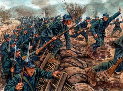 第一次世界大戦：イタリア歩兵の突撃 - WWI：塹壕から突撃するイタリア兵 - イラスト：ジュゼッペ・ラヴァ 作： Giuseppe Rava