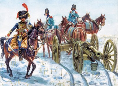 第一帝国（1804-1814年）：雪の中で大軍の大砲を牽引する - First empire: artillery towing in snow by cavalry of the Grand army - イラスト：Giuseppe Rava 作： Giuseppe Rava