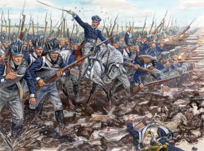 最初の帝国：1813年のプロイセン歩兵の前進 - 最初の帝国：1813年に突撃するプロイセン歩兵 - ジュゼッペ・ラヴァによるイラストレーション 作： Giuseppe Rava