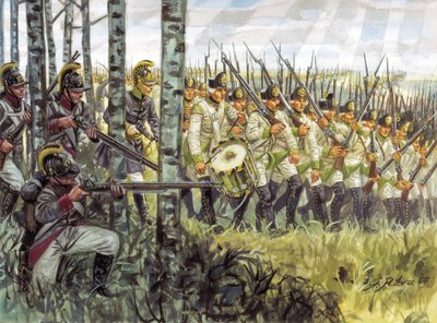 第一帝国：1798年頃前進するオーストリア歩兵の兵士たち - 1805年 - 第一帝国：行進するオーストリア歩兵の兵士たち 作： Giuseppe Rava