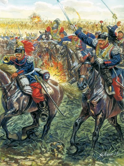 1870年の独仏戦争（普仏戦争）：1870年6月8日のフローシュヴィラー・ヴォースの戦い（Froeschwiller-Woerth）でのフランス戦艦の突撃 - 普仏戦争：ヴォースの戦い（ReichshoffenまたはFroschweiler）（1870年）：フランス騎兵隊突撃（8月 作： Giuseppe Rava