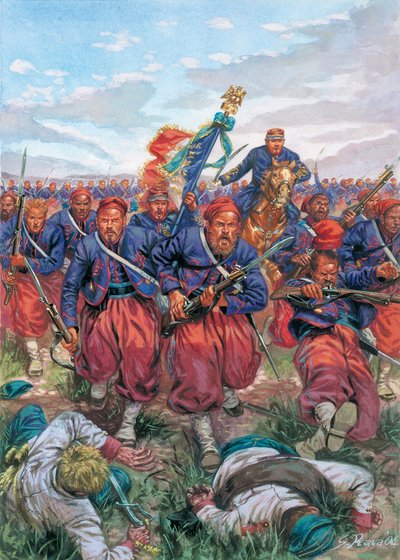 1859年のイタリア遠征（第二次イタリア独立戦争）：1859年6月24日のソルフェリーノの戦いにおけるナポレオン3世率いるフランス軍ズアーヴ隊の突撃 - 第二次イタリア独立戦争（オーストリア・フランコ戦争、オーストリア・サルデーニャ戦争、オーストリア・プーリア戦争 作： Giuseppe Rava