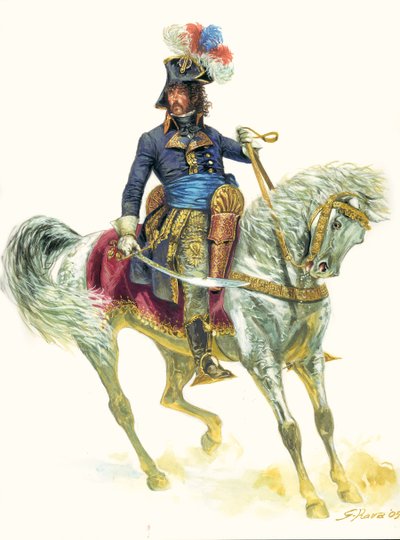 ヨアヒム・ミュラ（1767年～1815年）、1799年、エジプト遠征中のアブーキールの戦いにおけるヨアヒム・ミュラの肖像 - アブーキールの戦い（1799年）におけるヨアヒム・ミュラの肖像 - イラスト：ジュゼッペ・ラヴァ 作： Giuseppe Rava