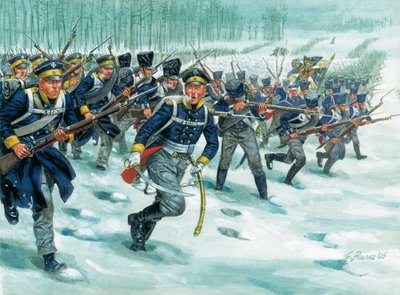 雪上のプロイセン歩兵のランドヴェーア（またはランデスヴェーア 作： Giuseppe Rava