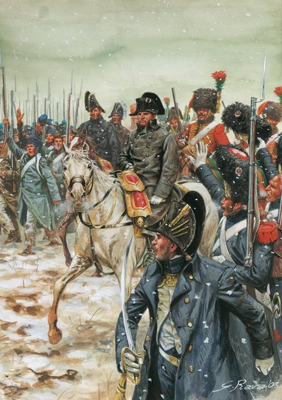 皇帝万歳皇帝ナポレオン1世（1769-1821）、1814年1月のフランス遠征中、馬が軍を取り囲む」-第6次連合戦争、フランスでの戦い、フランス遠征中、軍に取り囲まれる皇帝ナポレオン1世-イラスト：G 作： Giuseppe Rava