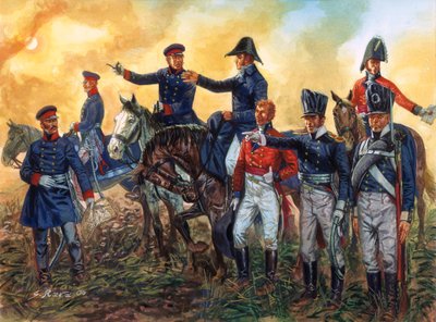 ナポレオン戦争：イギリス軍を指揮するウェリントン公爵アーサー・ウェルズリー（1769-1852）とプロイセン軍を指揮するゲバルト・レベレヒト・フォン・ブルーヒャー（1742-1819）、ワーテルローの戦いでの1815年6月18日 - （ナポレオン戦争：指揮官 ウェリントン公爵 作： Giuseppe Rava