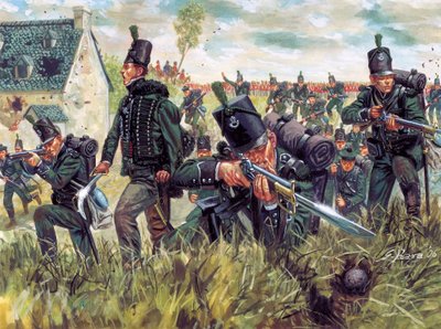ナポレオン戦争：1815年6月18日、ワーテルローの戦いで砂の採石場を守るライフル兵第95連隊のイギリス人ライフル兵 - （ナポレオン戦争：1815年6月18日、ワーテルローの戦いで砂の採石場を守るイギリス人ライフル兵） イラスト：Giusep 作： Giuseppe Rava