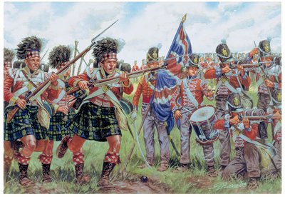 ナポレオン戦争：1815年6月18日、ワーテルローの戦いでのスコットランド兵とイギリス兵 イラスト：Giuseppe Rava 作： Giuseppe Rava