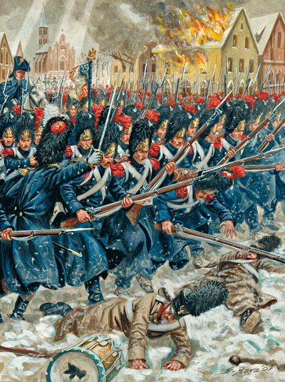 プロイセンのキャンペーン「腕の中の武器」 1807年2月8日、アイラウの戦いにおける帝国軍擲弾兵 - プロイセン戦役：1807年2月7日と8日に行われた、ナポレオン大軍とロシア軍とのアイラウの戦い。 作： Giuseppe Rava