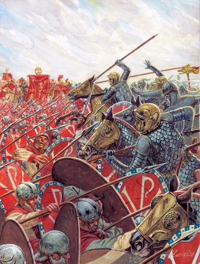 ローマのアンティキテ312年10月28日、イタリア・ローマ近郊でコンスタンティヌス1世とマクセンティウスが戦ったミルヴィウス橋の戦い - イラスト：ジュゼッペ・ラーヴァ 作： Giuseppe Rava