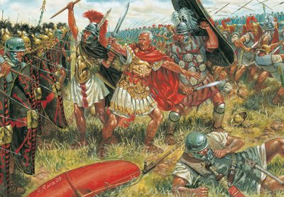 古代ローマ紀元前45年3月17日、スペイン南部で行われたムンダの戦いで、ジュリアス・シーザー（紀元前100-44）が共和国支持派に勝利 - 古代ローマ：ジュリアス・シーザー（BC100-44）が紀元前45年、共和国支持者とのムンダの戦いに勝利 - 図版 作： Giuseppe Rava