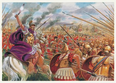 ローマ古代史：プブリウス・デキウス・ムス率いるローマ軍とエピレ王ピュロス1世指揮下のエピレ、タラント、オスクス、サムニテの連合軍とのアウスクルムの戦い（紀元前279年） - アスクルムの戦い（紀元前279年）ローマ軍との戦い。 作： Giuseppe Rava