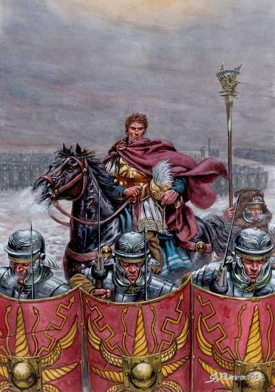ローマ時代のアンティーク：西暦2世紀、スコットランドのハドリアヌスの城壁付近のローマ軍 - イラスト：Giuseppe Rava 作： Giuseppe Rava