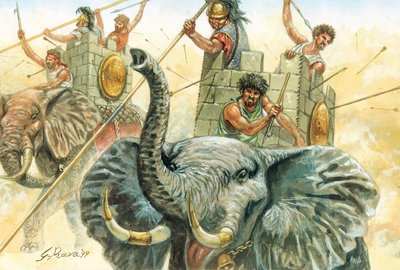 古代ローマ時代：ハンニバルの象 - 第二次ポエニ戦争中の紀元前218年、ハンニバル将軍（紀元前247～183年）にアルプス越えを許した象の表現 イラスト：Giuseppe Rava 作： Giuseppe Rava