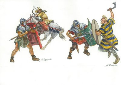 パルティアの騎乗弓兵とフランクの戦士と戦うローマ軍団 作： Giuseppe Rava