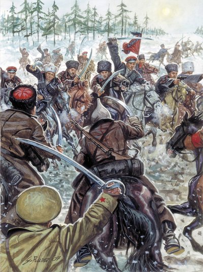 ロシア内戦（1917-1923）：1919年、白軍側のコーカサス兵 - ロシア内戦：1919年、白ロシア軍と戦うコサック - イラスト：Giuseppe Rava 作： Giuseppe Rava