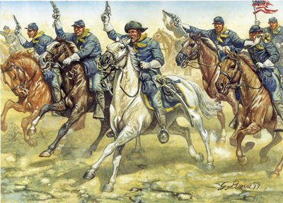 分離戦争（1861年～1865年）：戦闘中の北部騎兵隊（北軍）の兵士たち - アメリカ内戦：戦闘中の北部騎兵隊（北軍）の兵士たち - Illustration by Giuseppe Rava 作： Giuseppe Rava