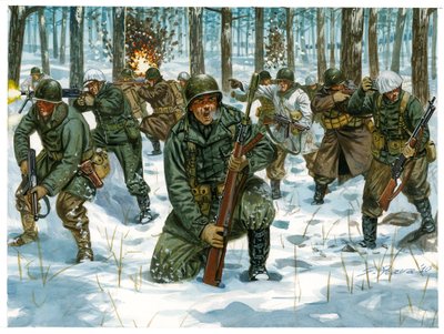 第二次世界大戦：アルデンヌの戦いにおけるアメリカ歩兵の攻勢（バストーニュ、1944年12月） - 第二次世界大戦：バルジの戦いにおけるアメリカ歩兵の攻勢（バルジ、1944年12月） - イラスト：Giuseppe Rava 作： Giuseppe Rava