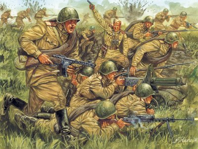 第二次世界大戦：軽装のロシア歩兵の突撃 - 第二次世界大戦：夏服のロシア兵 - Illustration by Giuseppe Rava 作： Giuseppe Rava