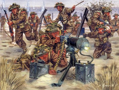 第二次世界大戦：1944年6月、ノルマンディー上陸作戦、イギリス兵 - WWII：ノルマンディー上陸作戦、イギリス軍、1944年6月6日 - イラスト：Giuseppe Rava 作： Giuseppe Rava