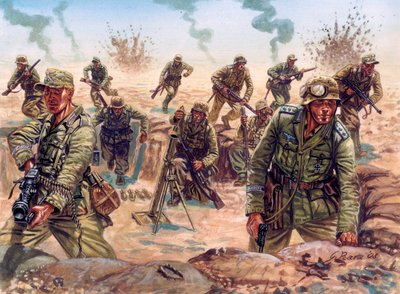 第二次世界大戦、北アフリカ作戦：リビア砂漠でドイツ遠征軍アフリカコルプス（Afrikakorps、Afrikakorps、DAK）の兵士。 作： Giuseppe Rava