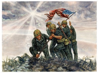 第二次世界大戦、太平洋戦争：硫黄島の戦い、アメリカ海兵隊の勝利、1945年2月 - WWII, Pacific war：硫黄島の戦い（離島作戦）、アメリカ国旗を掲げるアメリカ海兵隊員、1945年2月、日本 - イラスト：Giuseppe Rava 作： Giuseppe Rava