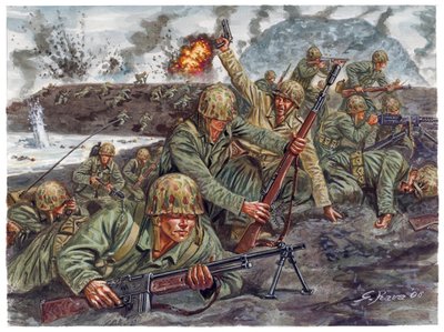 第二次世界大戦、太平洋戦争：1945年2月19日、日本の硫黄島の戦いにおける海兵隊水陸両用部隊の上陸 - WWII, Pacific war：1945年2月19日、日本の硫黄島の戦い（離島作戦）、米海兵隊の水陸両用上陸作戦 - Illustr 作： Giuseppe Rava