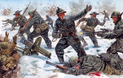 第二次世界大戦、ロシア戦線：第二次世界大戦、ロシア戦線：1943年1月、ロシアにおけるイタリアのアルパイン・ハンター - ジュゼッペ・ラヴァによるイラストレーション 作： Giuseppe Rava