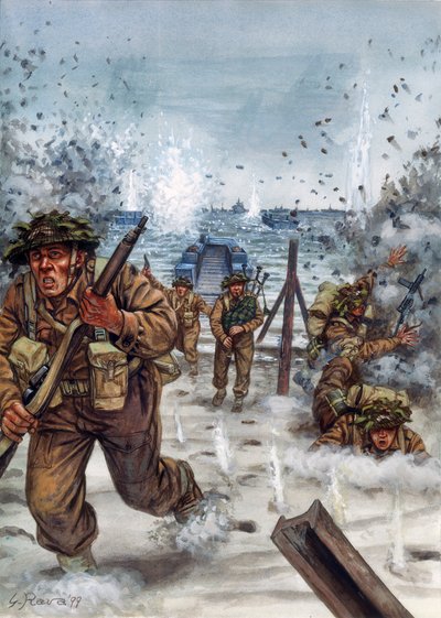 第二次世界大戦：ノルマンディー上陸作戦中のスコットランド兵 1944年6月6日 - WWII, D day：1944年6月6日、ノルマンディー上陸の日のスコットランド兵 - イラスト：Giuseppe Rava 作： Giuseppe Rava