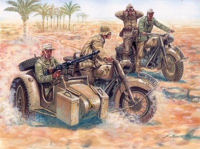 第二次世界大戦：リビアの砂漠をサイドカーで転がるドイツ・アフリカ軍（DAK Afrika Korps） BMW 作： Giuseppe Rava