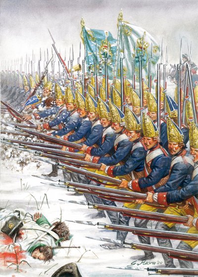 七年戦争：ロイテンの戦いにおけるプロイセン軍の擲弾兵（1757年12月5日） - 七年戦争中の1757年12月5日、ロイテンにおけるポツダム衛兵のパレード - イラスト：ジュゼッペ・ラヴァ 作： Giuseppe Rava