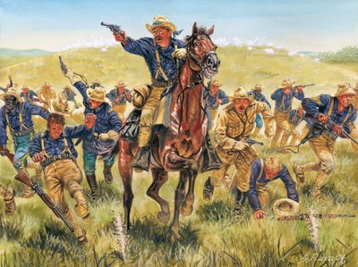 スペインと北米の間で起こった米西戦争またはキューバ独立戦争（1868年～1898年）：キューバで荒馬部隊とともに突撃するアメリカの軍人・政治家セオドア・ルーズベルト（1858年～1919年）の肖像 - 米西戦争（キューバ独立戦争） 作： Giuseppe Rava