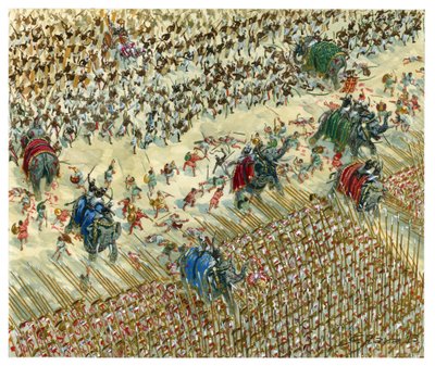 紀元前327年、ヒダスペスの戦い アレクサンドロスとポラスの戦い - インダス渓谷の征服を続けるアレクサンドロス大王 - ヒダスペスの戦いでポラス王と戦うアレクサンドロス大王 - イラスト：Giuseppe Rava 作： Giuseppe Rava