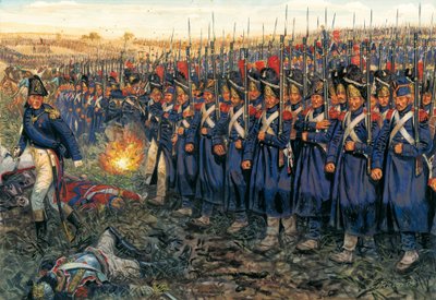 1815年6月18日、ワーテルローの戦いでのウェリントン中央に対する中衛の攻撃 「ワーテルローの戦いでウェリントン公の部隊に進撃するナポレオン1世（1769-1821）の帝国軍 作： Giuseppe Rava