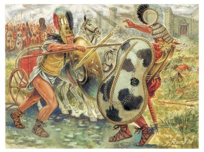 トロイア戦争：パトロクロスの仇を討つためにヘクトルと戦うアキレウス - トロイア戦争：パトロクロスの仇を討つため、ヘクトルと戦うアキレウス - イラスト：Giuseppe Rava 作： Giuseppe Rava