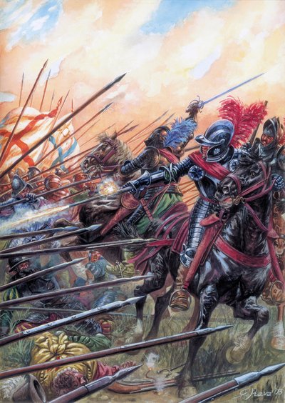宗教戦争1590年3月14日のイヴリーの戦いで、王室軍はカトリック同盟に勝利した - フランス宗教戦争中の1590年3月14日に祝われたイヴリーの戦い - イラスト：ジュゼッペ・ラヴァ 作： Giuseppe Rava