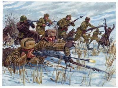第二次世界大戦：戦場を進むロシア歩兵 - 第二次世界大戦：戦場を進むロシア歩兵 - イラスト：Giuseppe Rava 作： Giuseppe Rava